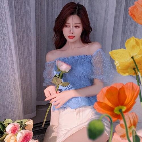 Sexy Corset Top Blouse for Women 2021 Korean Fashion Crop Tops Clothing Girls Mesh Sleeve Blouses Off Shoulder Party Streetwear