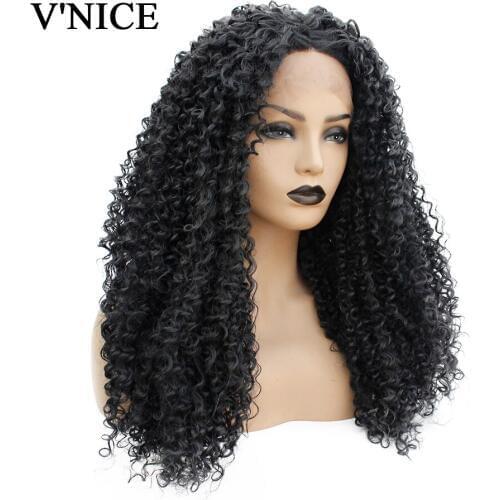 V'NICE 1B# Color Synthetic Lace Front Wig Middle Part Natural Glueless Heat Resistant Kinky Curly Wigs for Black Women