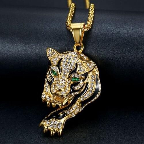 Hip Hop Iced Out Bling Rhinestone Tiger Stainess Steel Gold Color Pendant & Necklace For Men Women Jewelry With Chains