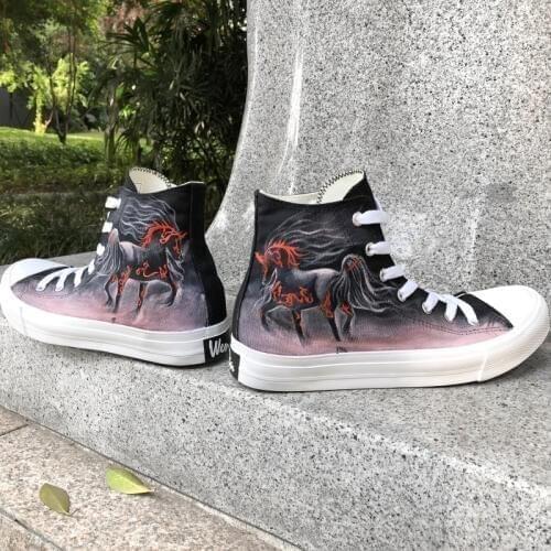 Wen Custom Design Hand Painted Original Shoes Galloping Horses High Top Canvas Sneakers Women Men Shoes Skateboarding Gifts