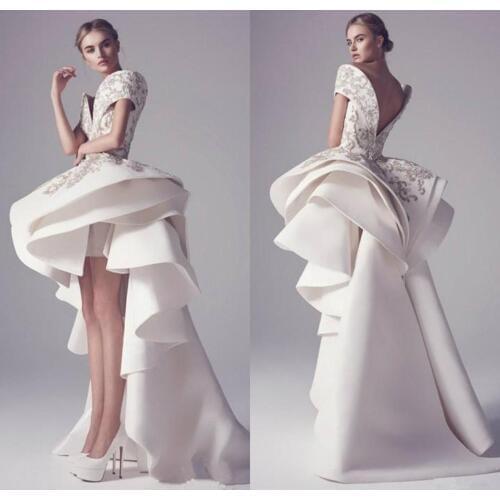 High Low prom dresses 2021 Off Shoulder Lace Appliqued Formal Party Dress Tiered Skirts Arabic Dubai Vestidos Evening Gowns