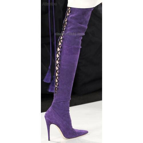 Suede Leather Pointed Toe Boots Woman Back Lace-up Over-the-knee Boots Cross Tied Thin High Heels Fringe Tassel Bota