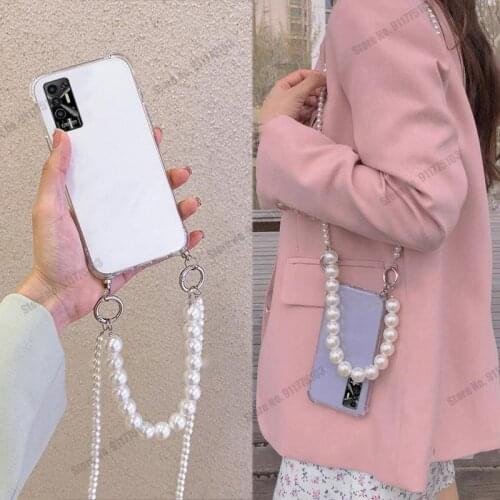 Pearl Crossbody Necklace Lanyard Airbag Phone Case For TECNO Spark GO 2021 POVA 2 7 6 Pro 7P 6 Air Bracelet HD Transparent Cover