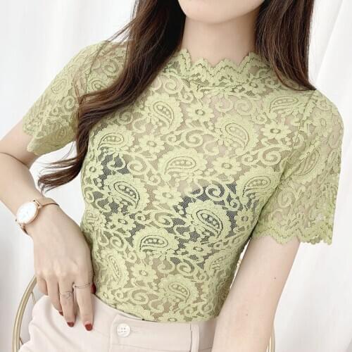 Womens Spring Summer Style Lace Blouses Shirt Womens Solid Color Turtleneck Embroidery Short Sleeve Elegant Slim Tops SP8752