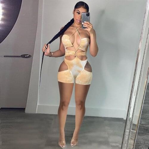 Tie Dye Criss Cross Halter Backless Skinny Romper Women Off Shoulder Hollow Out Club Outfits Summer Female One Piece Playsuits