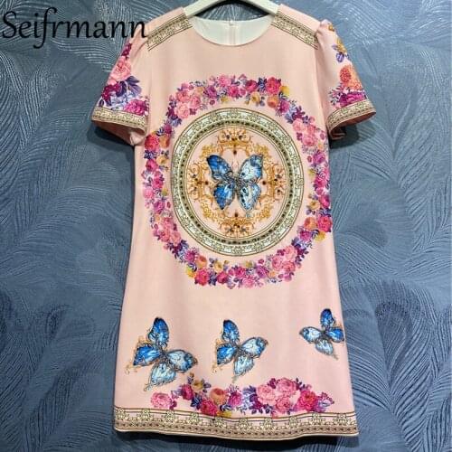 Seifrmann New 2021 Summer Women Fashion Runway Party Midi Dress Short Sleeve Gorgeous Crystal Beading Floral Printed Dresses