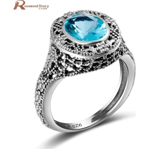 100% Handmade Sterling Silver 925 Jewelry Hollow Out Round Shaped Sky Blue Crystal Ring Fashion Design Women Vintage Jewelry