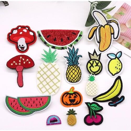 50pcs/lot Embroidery Patches Kids Clothing Decoration Pineapple Banana Mushroom Watermelon Pumpkin Fruit Iron Heat Transfer