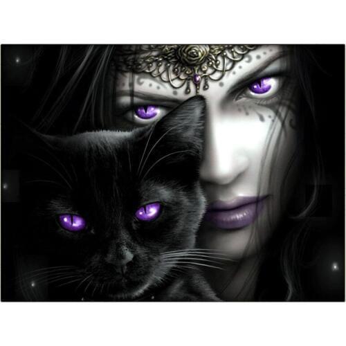 5D Blue Eye Woman & Black Cat DIY Diamond Painting Cross Stitch Full Square Resin Diamond Embroidery Diamond Mosaic Paintings