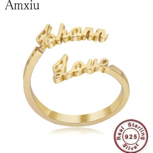 Amxiu Custom Two Names 925 Sterling Silver Ring Personalized Engrave Any Name Adjustable Open Rings For Girl Lovers Jewelry Gift