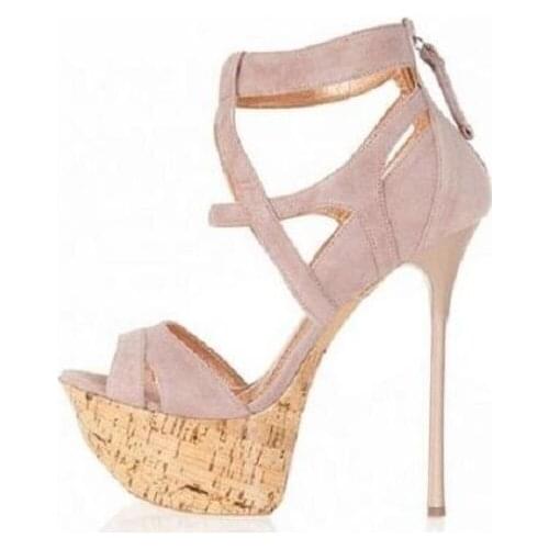 Chic High Platform Women Sandals Cut-out Pink Suede Leather Back Zipper Cage Shoes Thin Heels Spring Summer Dress Shoes