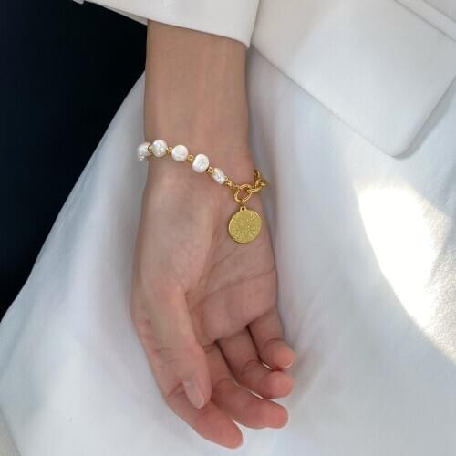 Brass With 18K Gold Real Baroque Pearl Coins Charm Bracelet Women Jewelry Designer T Show Runway Sweety Boho Japan Korean Trendy