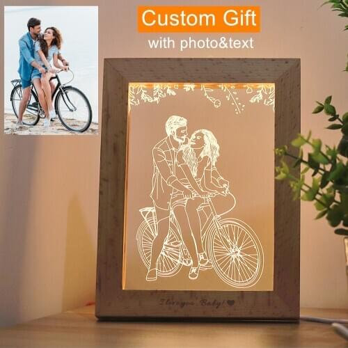 Wood Photo Frame 3D LED Photo & Text Custom Table lamp USB Photo Frame Night Light 3 Colors Customized Gift Personalized Lamp