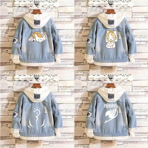 Fairy Tail Denim Jacket Coat Cosplay Hoodies Costume Men Women Fake Two Pieces Sweatshirt