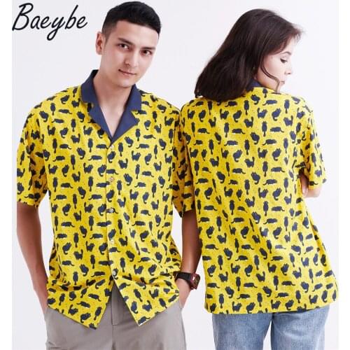 High quality Yellow Cute Cat cartoon anime chemise homme button up hawaiian shirt geometirc short sleeve casual shirt for party