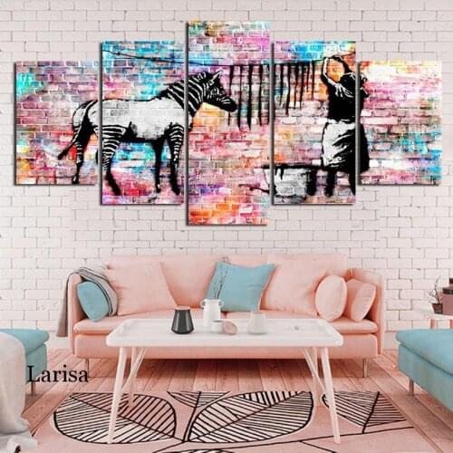 Hd Print Canvas Painting Photo Brick Wall Background Zebra Animal Poster Five Piece Wall Rt Living Room Home Decoration No Frame