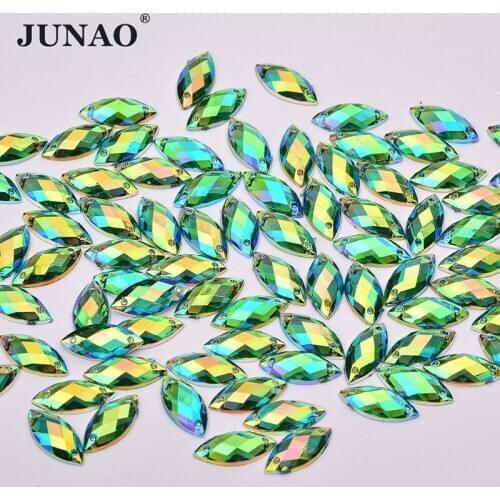JUNAO 7x15mm Green AB Flat Back Sewing Rhinestones Horse Eye Crystal Stones Sew On Strass for Needlework Clothes