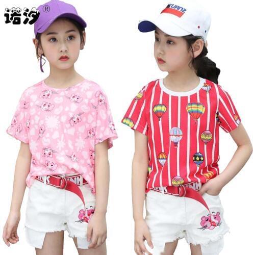 Girls summer clothing sets kids loosen print cotton O-neck short sleeve shirt 3-11T children T-shirt+pants kids outwear clothes