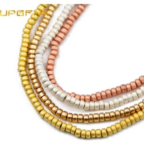 UPGFNK Matte Gold Silvers Cylinder Hematite Natural Stone Flat Round loose Beads For Jewelry Making 3.5mm 185pcs DIY Bracelets