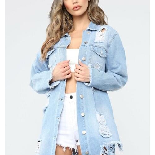 Fashion Casual Denim Jacket Women High Street Sports Breathable Ripped Mid Length Tearing Denim Jacket For Women All Match