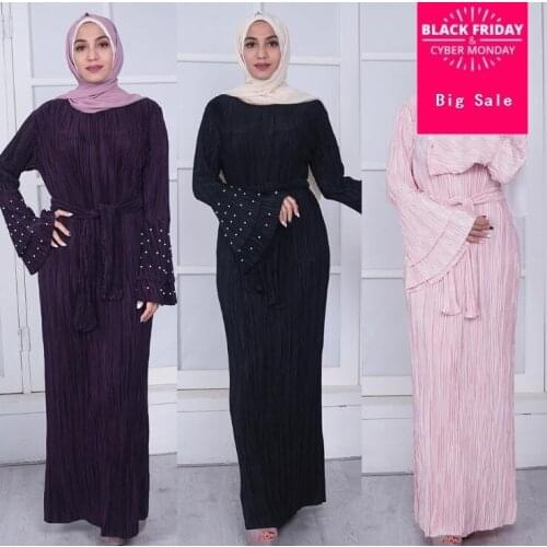 Muslim Adult fashion brand beading pleated Muslim Abaya Dress Robes female Arab Prayer Worship Service flare sleeve abaya Wj2729