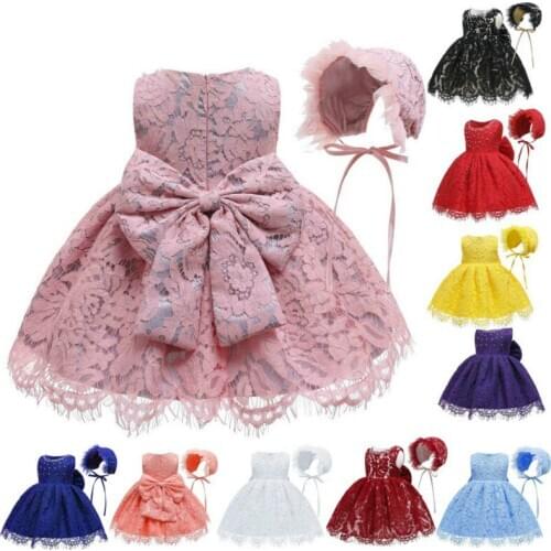 New Baby Girls Dress with Hat Kids Beading Lace Party Dress for Christening Formal Toddler Dresses