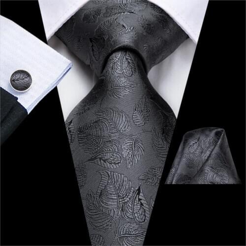 Hi-Tie Grey Floral Mens Tie 8.5cm Black 100% Silk Wedding Tie For Men Design Hanky Cufflink Quality Men Tie Set Dropshipping