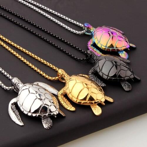 Charm Rainbow/Gold/Black 3D Sea Turtle Pendant Stainless Steel Men Women Necklace 24inch