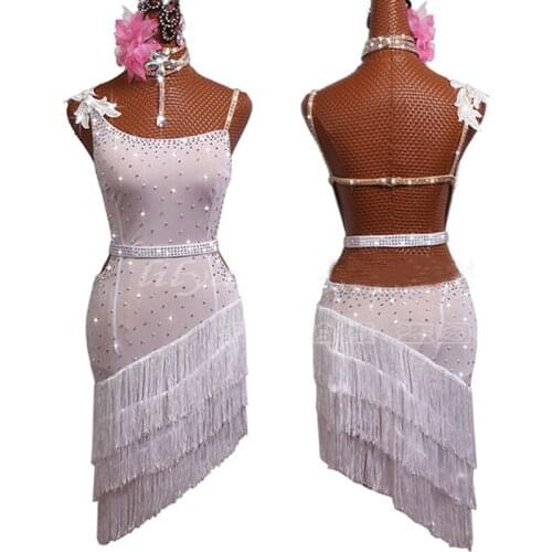 Latin Dance Dress Rumba ChaCha Dress Women White Fringe Customized Size Competition Costume Performance Dress Stage Wear 3354