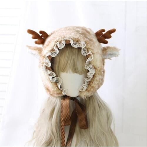 Mori Girl Plush Lace Trim Lace-up Ear Protection Hat Christmas Winter Antler Deer Printing Elk Earmuffs Cap B1686