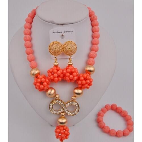 Latest Pink Nigerian Wedding Coral Beads Costume Necklace African Jewelry Set 12-F-01