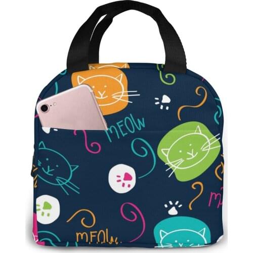 Cute Cats Cartoon Pattern Cooler Bag Portable Zipper Thermal Lunch Bag Convenient Lunch Box Tote Food Bag