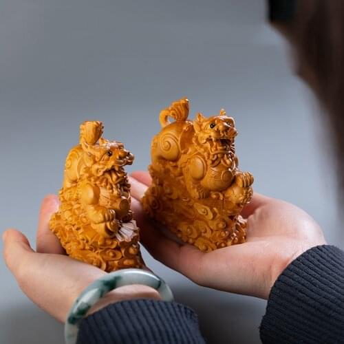 Boxwood 8CM Pixiu Sculpture Chinese Myth Beast Wood Animal Statue Lucky Home Decor