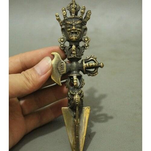 Tibet Bronze Copper Buddhism Mahakala Head Wrathful Deity Phurba Dagger Holder