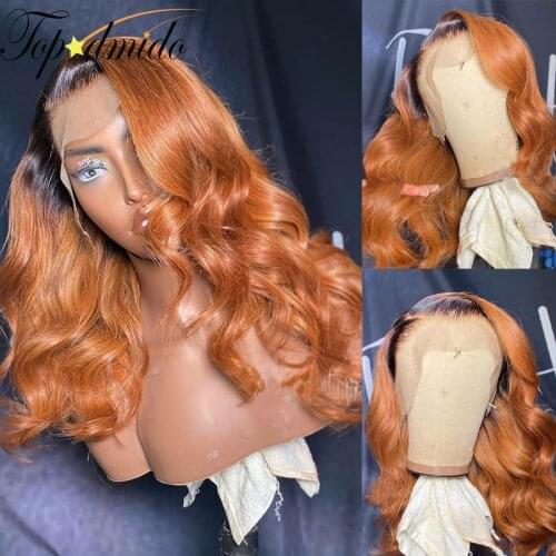 Topodmido Ombre Color Lace Front human hair Wigs with Baby Hair Pre Plucked Remy Human Hair Wig Long Hair Body Wave Glueles Wig