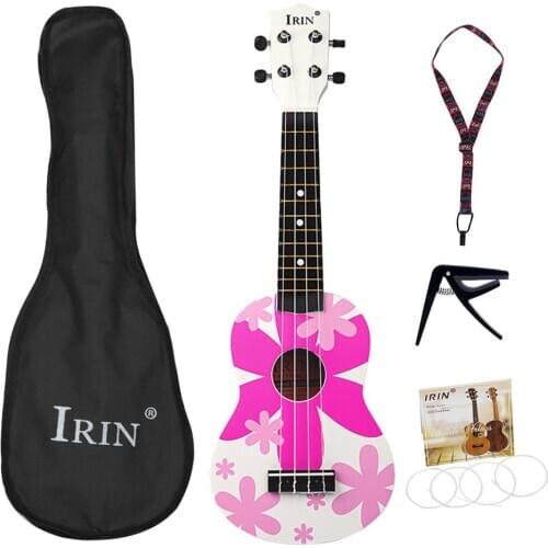 21inch Ukulele Flower Pattern Basswood Ukelele 4 Strings Instrument with Bag+Strap+String+Capo for Music Performance