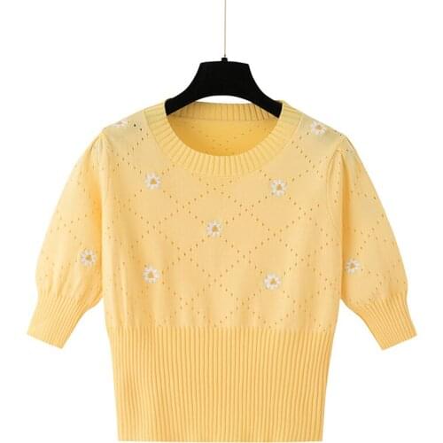 Spring New Womens Knitting Sweater O Neck Slim Thin Lantern Sleeve Knit Pullover Female Floral Embroideary Half Sleeve Knitwear