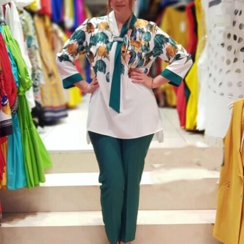 3XL Plus Size Women Print Two Piece Sets White Shirts Tops And Pants Lady Fashion Irregular Split Casual Suits Afican spring Set