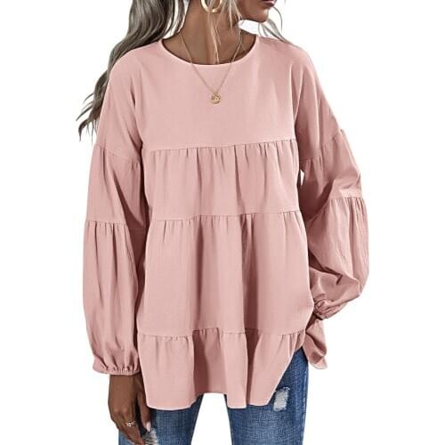 O Neck Cake Ruffles Loose Lantern Sleeve Tops Women Casual Pullover Spring Autumn T-shirt Plus Size