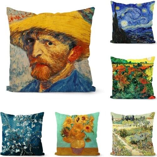 1 Pcs Van Gogh Oil Self-portrait Starry Sky Print Pillowcase Painting Cushion Cover Sofa Home Decorative Pillow Covers Sunflower