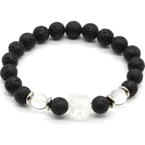 100-Unique 1 Pcs Buddha Head Natural Clear Quartz Connect 8 mm Round Beads Black Lava Stone Bracelets for Prayer Gift