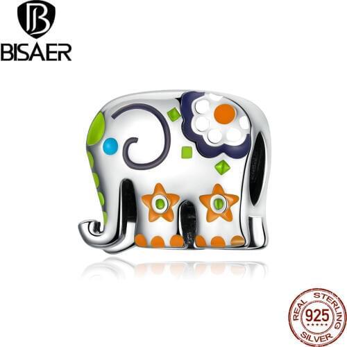 BISAER Elephant Charms 925 Sterling Silver Thailand Happy Elephant Beads fit for Charm Bracelets Silver 925 Jewelry EFC095