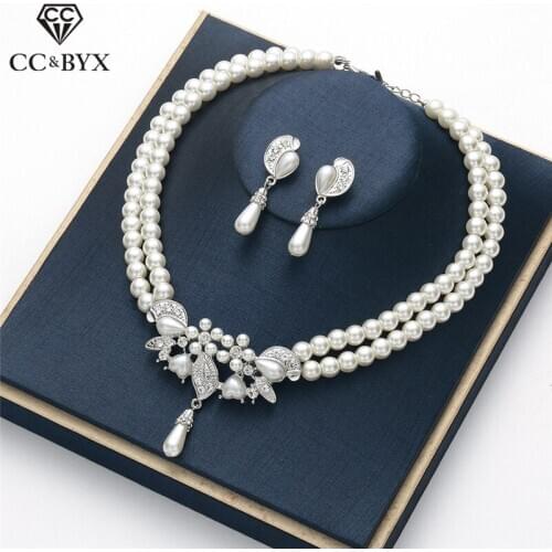 CC Fashion Jewelry Sets Necklace Drop Earring 2pcs Imitation Pearls Luxury Wedding Accessories for Women Beidal Party Gift D009