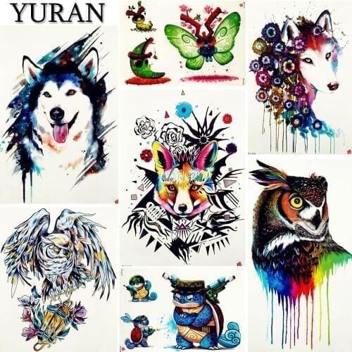 YURAN Flash Geometric Fox Tattoo Stickers Men Chest Owl Tattoos Temporary Women Body Arm Husky Waterproof Tatoos Summer Style