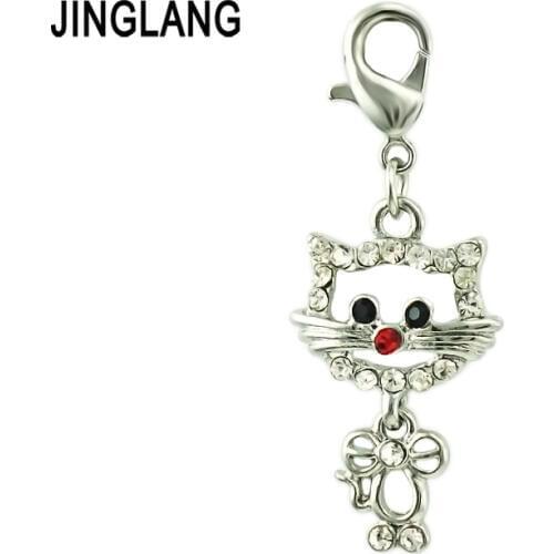 JINGLANG Animal Lobster Clasp Charms Silver Color White Rhinestone Cat Pendant Charms For Jewelry Making DIY Accessories