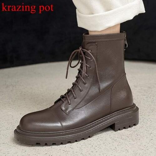 Krazing pot full grain leather classic round toe western boots cross-tied platform med heels vintage British school ankle boots