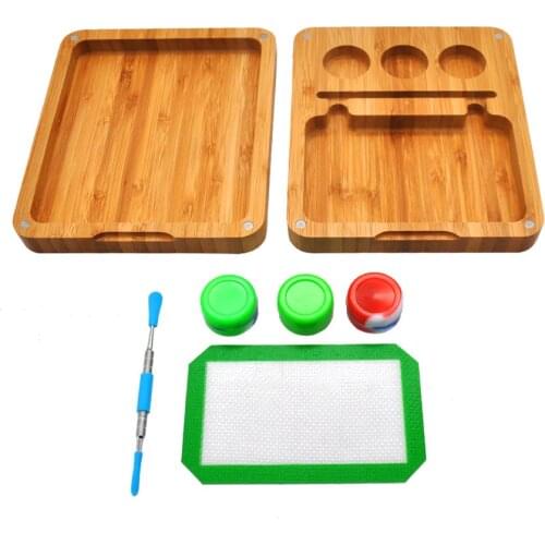 Wood Rolling Tray Set Smoking Accessories Kit Bamboo Weed Tray Tobacco Wax Jar Container Dab Tool Silicone Non-Stick Dab Mat