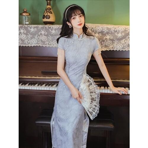 Summer New Chinese Style Womens Dress Retro Temperament Noble Cheongsam Dress Palace Socialite Slim Slim Long Dress