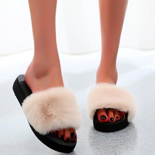 New Summer Furry Clip Toe Flip Flops Faux Fur Non-slip Wedges Beach Slippers Casual Platform Sandals Women Chaussures Femme