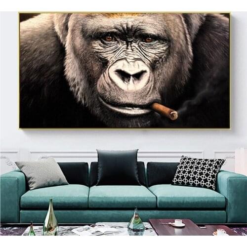 DDWW Large Size Animal Poster Picture Art Wall Brown-haired Monkey Smoking Canvas Painting Art Poster for Living Room No Frame